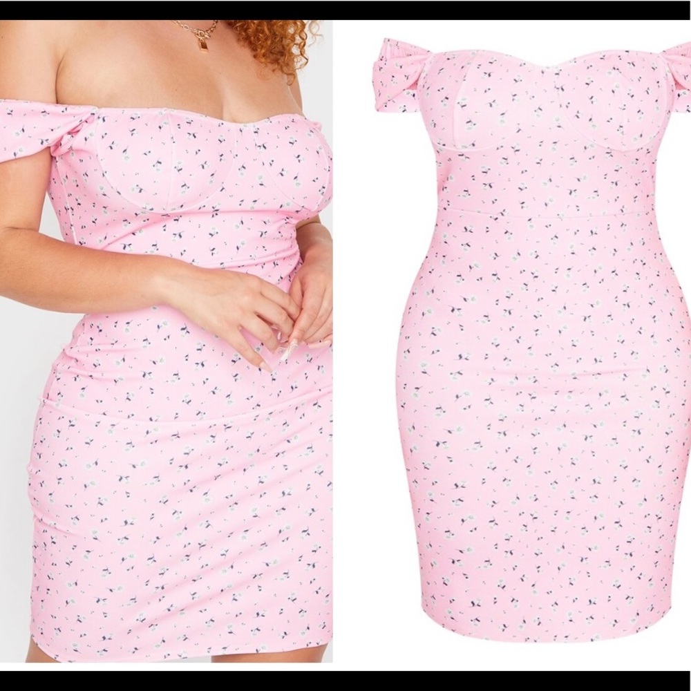 Pretty little thing PLUS, pink floral detail cup bodycon dress, size 14 US